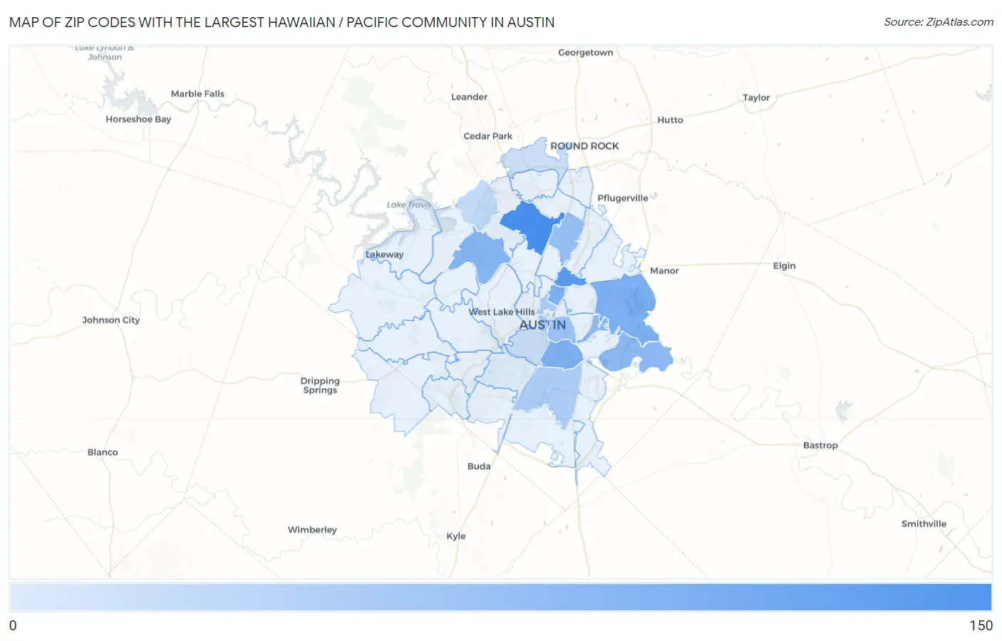 Zip Codes with the Largest Hawaiian / Pacific Community in Austin Map