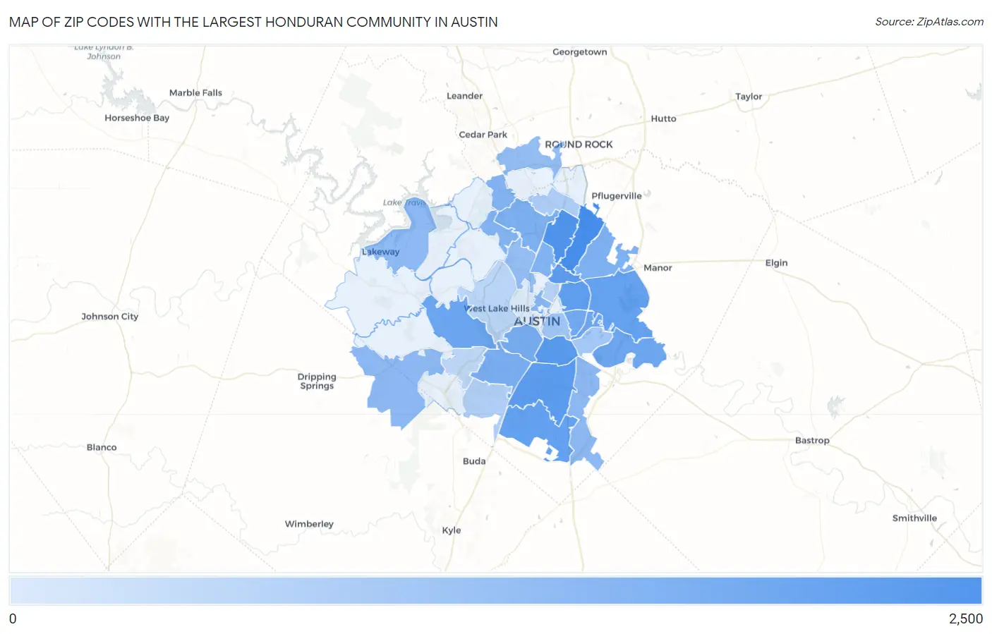 Zip Codes with the Largest Honduran Community in Austin Map