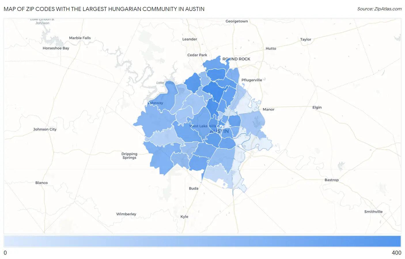 Zip Codes with the Largest Hungarian Community in Austin Map