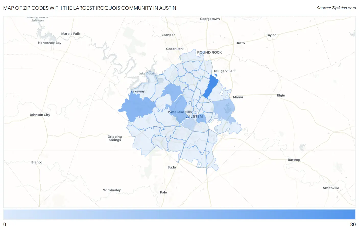 Zip Codes with the Largest Iroquois Community in Austin Map
