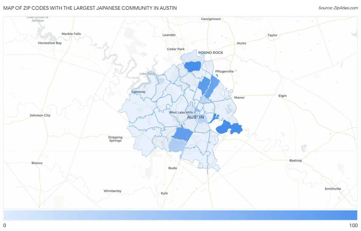 Zip Codes with the Largest Japanese Community in Austin Map