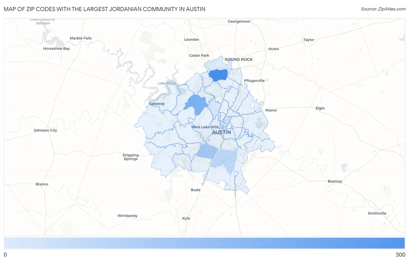 Zip Codes with the Largest Jordanian Community in Austin Map