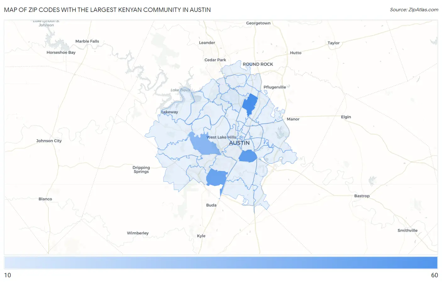 Zip Codes with the Largest Kenyan Community in Austin Map
