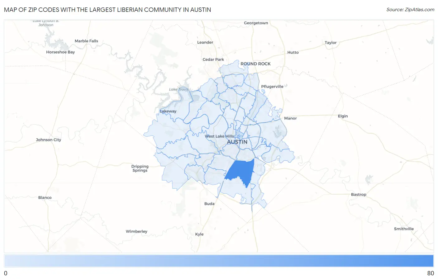 Zip Codes with the Largest Liberian Community in Austin Map