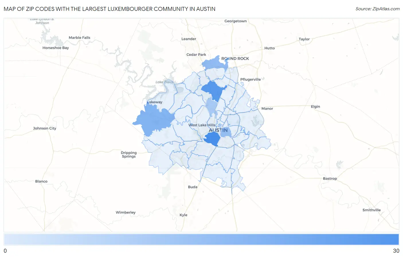 Zip Codes with the Largest Luxembourger Community in Austin Map