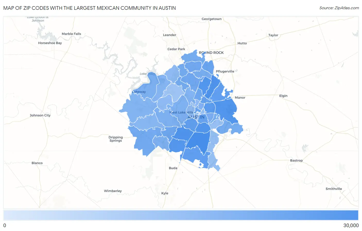 Zip Codes with the Largest Mexican Community in Austin Map