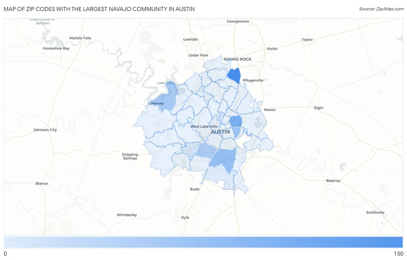 Zip Codes with the Largest Navajo Community in Austin Map