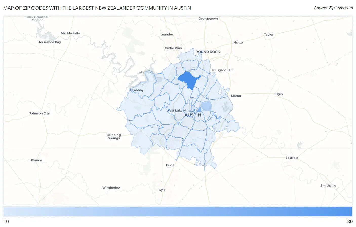Zip Codes with the Largest New Zealander Community in Austin Map