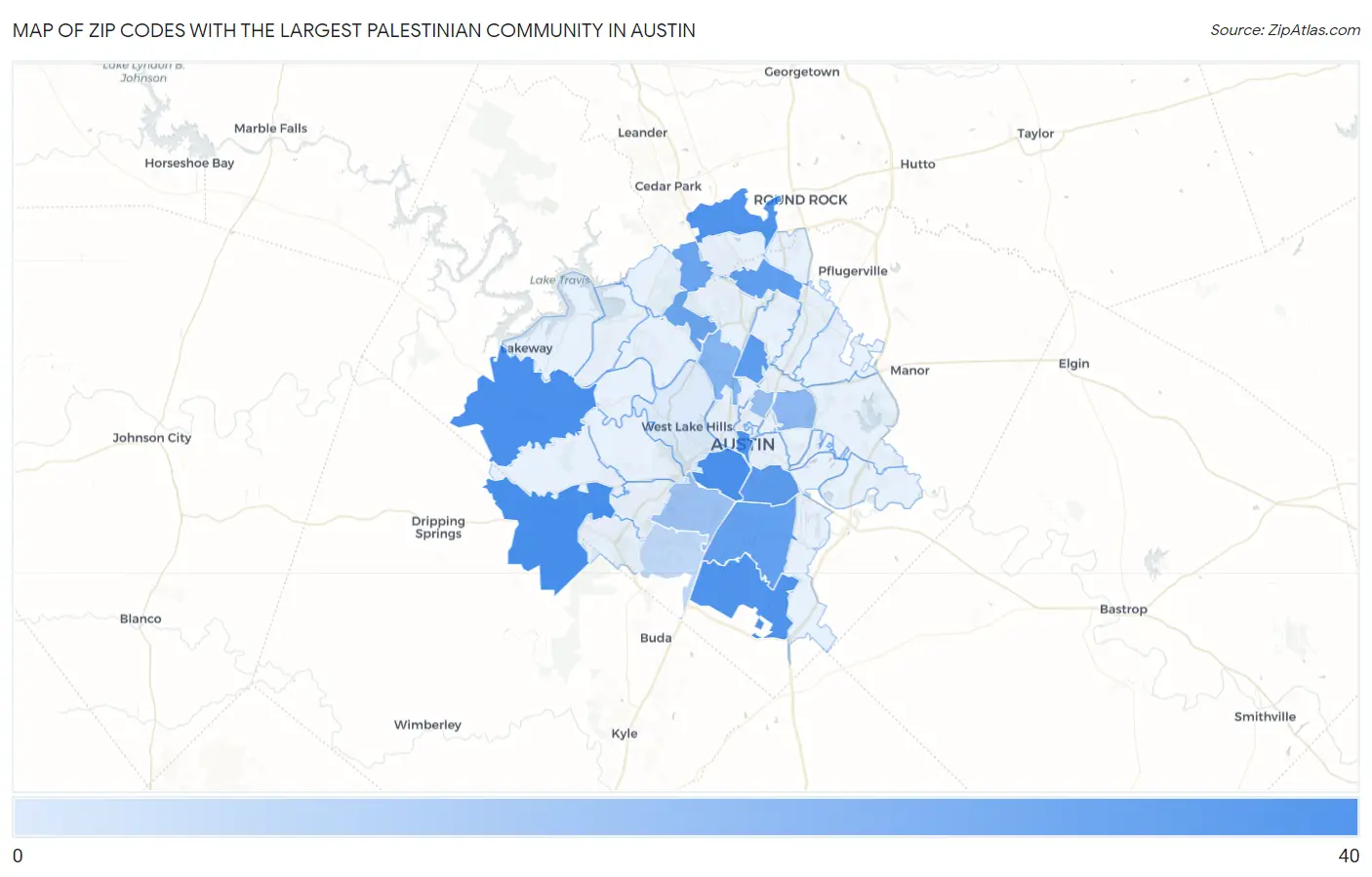 Zip Codes with the Largest Palestinian Community in Austin Map