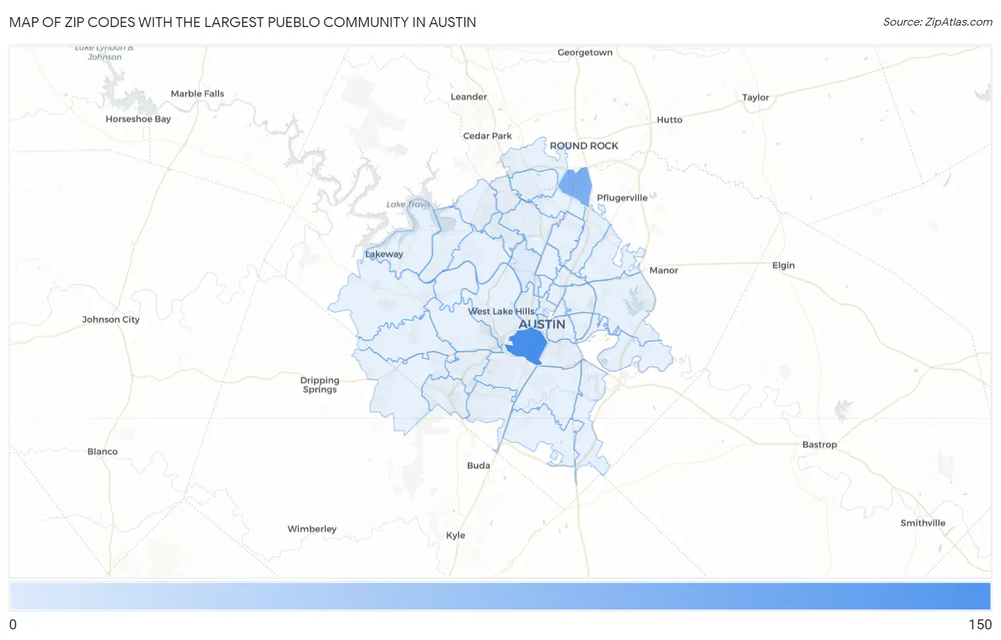 Zip Codes with the Largest Pueblo Community in Austin Map