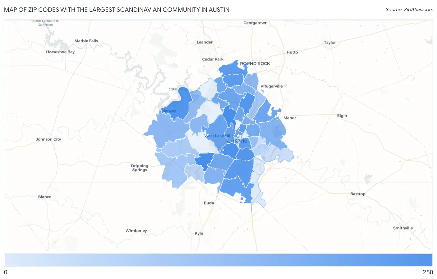 Zip Codes with the Largest Scandinavian Community in Austin Map
