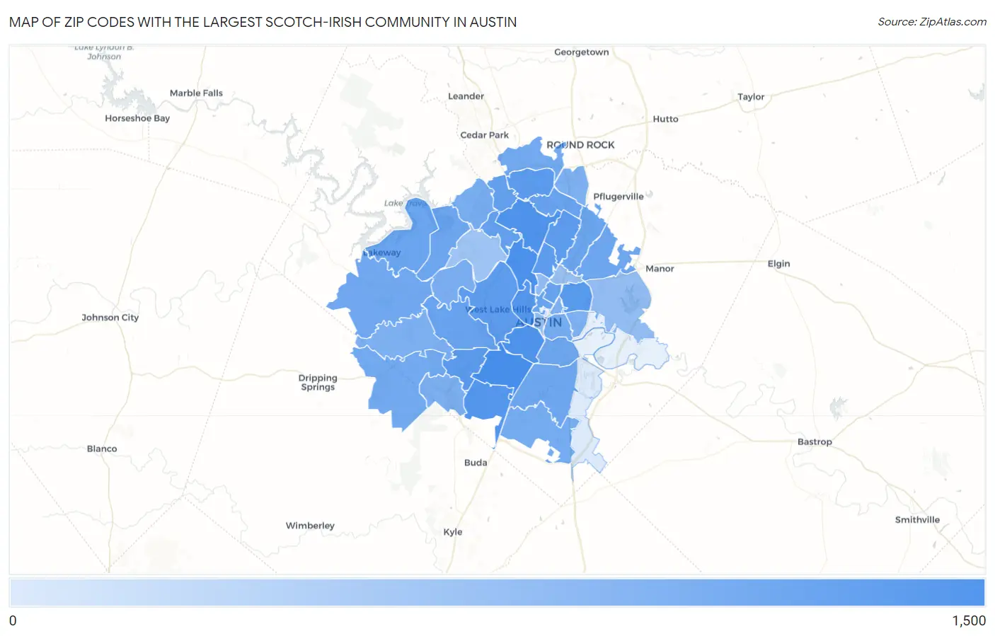 Zip Codes with the Largest Scotch-Irish Community in Austin Map
