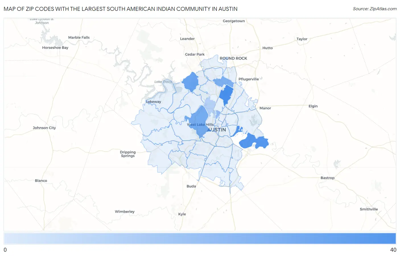Zip Codes with the Largest South American Indian Community in Austin Map
