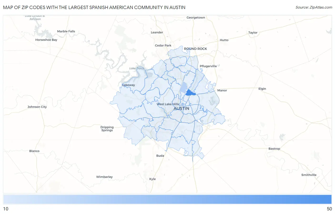 Zip Codes with the Largest Spanish American Community in Austin Map
