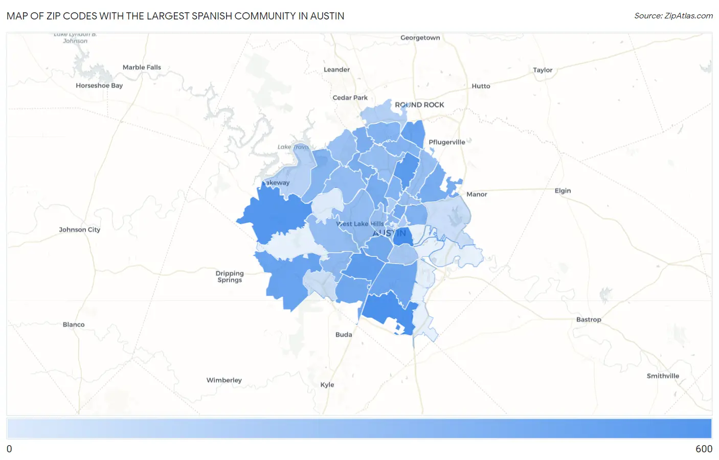 Zip Codes with the Largest Spanish Community in Austin Map
