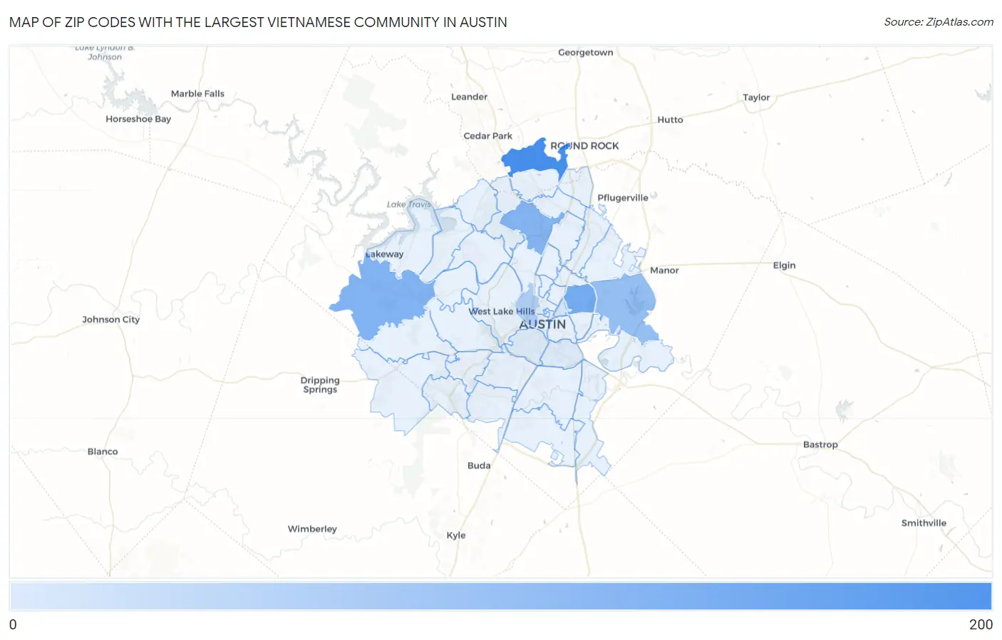 Zip Codes with the Largest Vietnamese Community in Austin Map