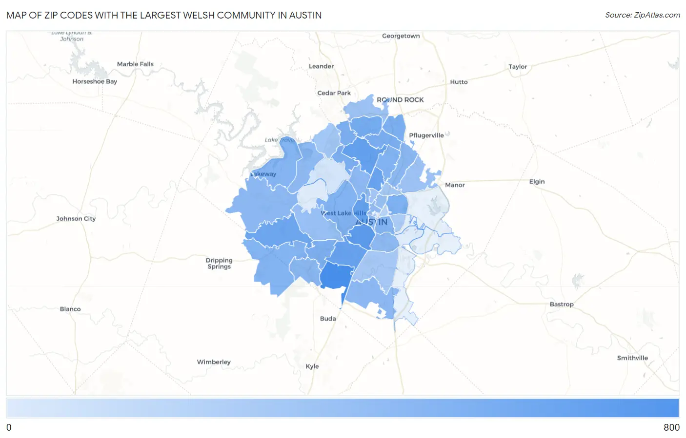 Zip Codes with the Largest Welsh Community in Austin Map