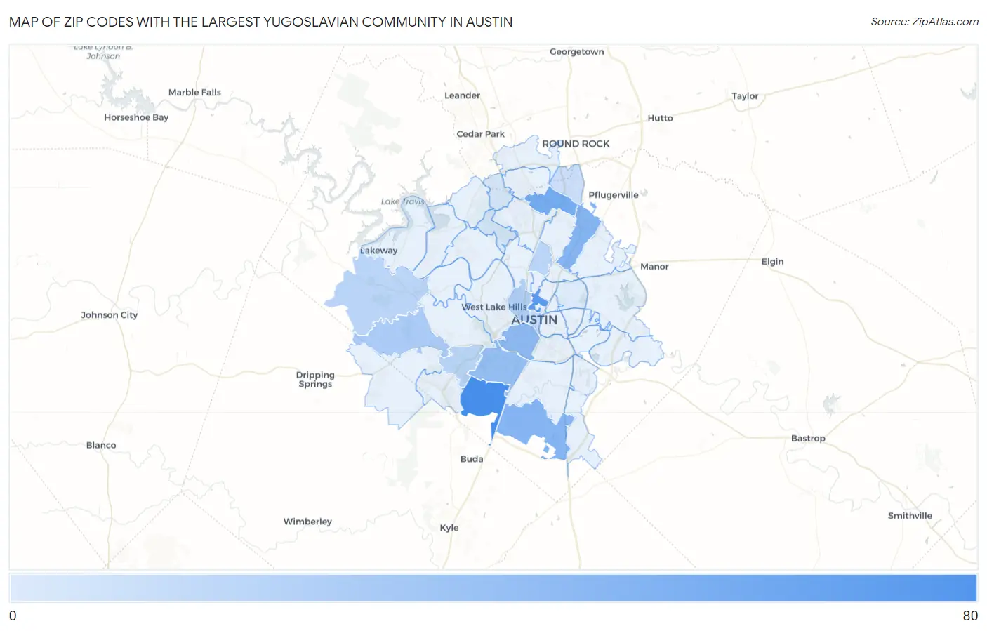 Zip Codes with the Largest Yugoslavian Community in Austin Map