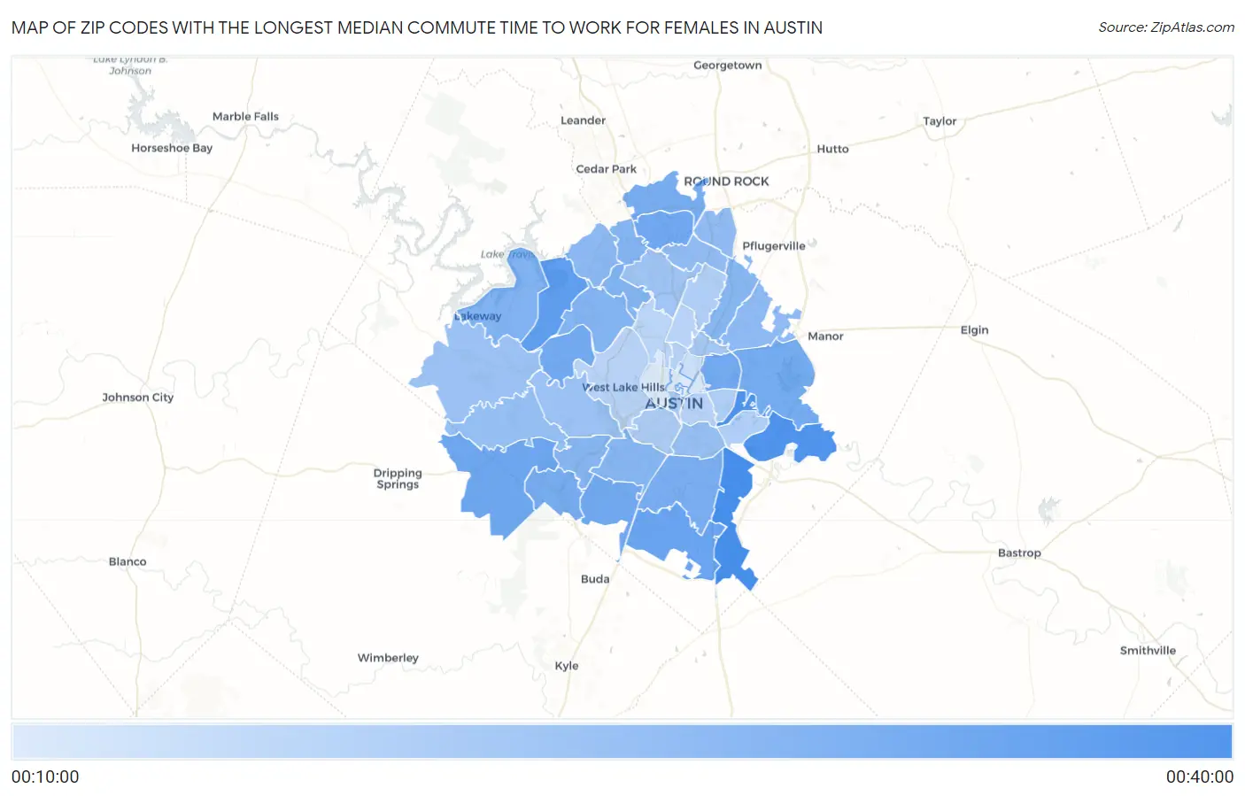 Zip Codes with the Longest Median Commute Time to Work for Females in Austin Map