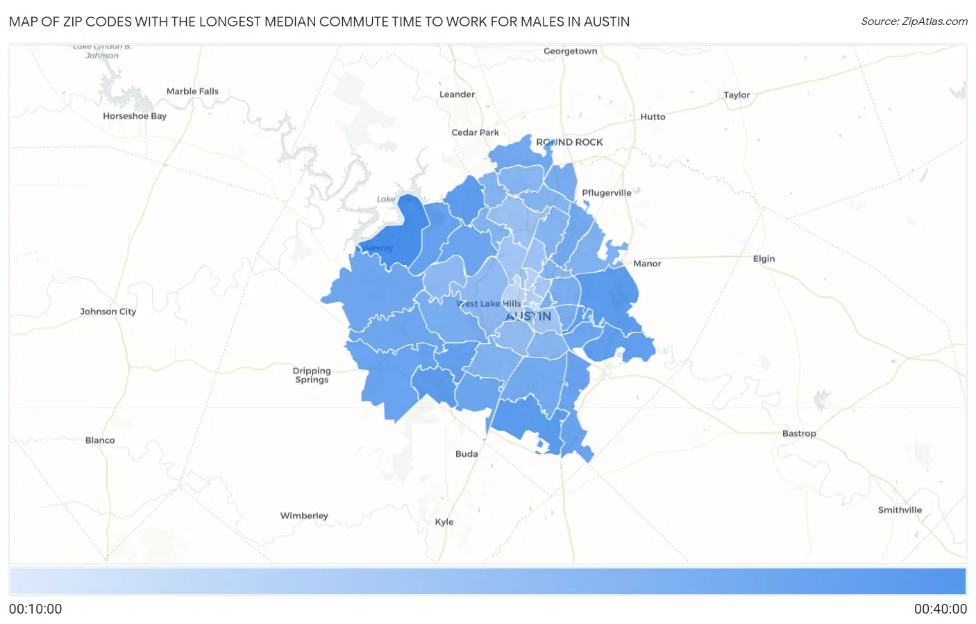 Zip Codes with the Longest Median Commute Time to Work for Males in Austin Map