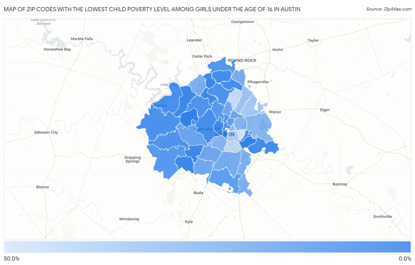 Zip Codes with the Lowest Child Poverty Level Among Girls Under the Age of 16 in Austin Map