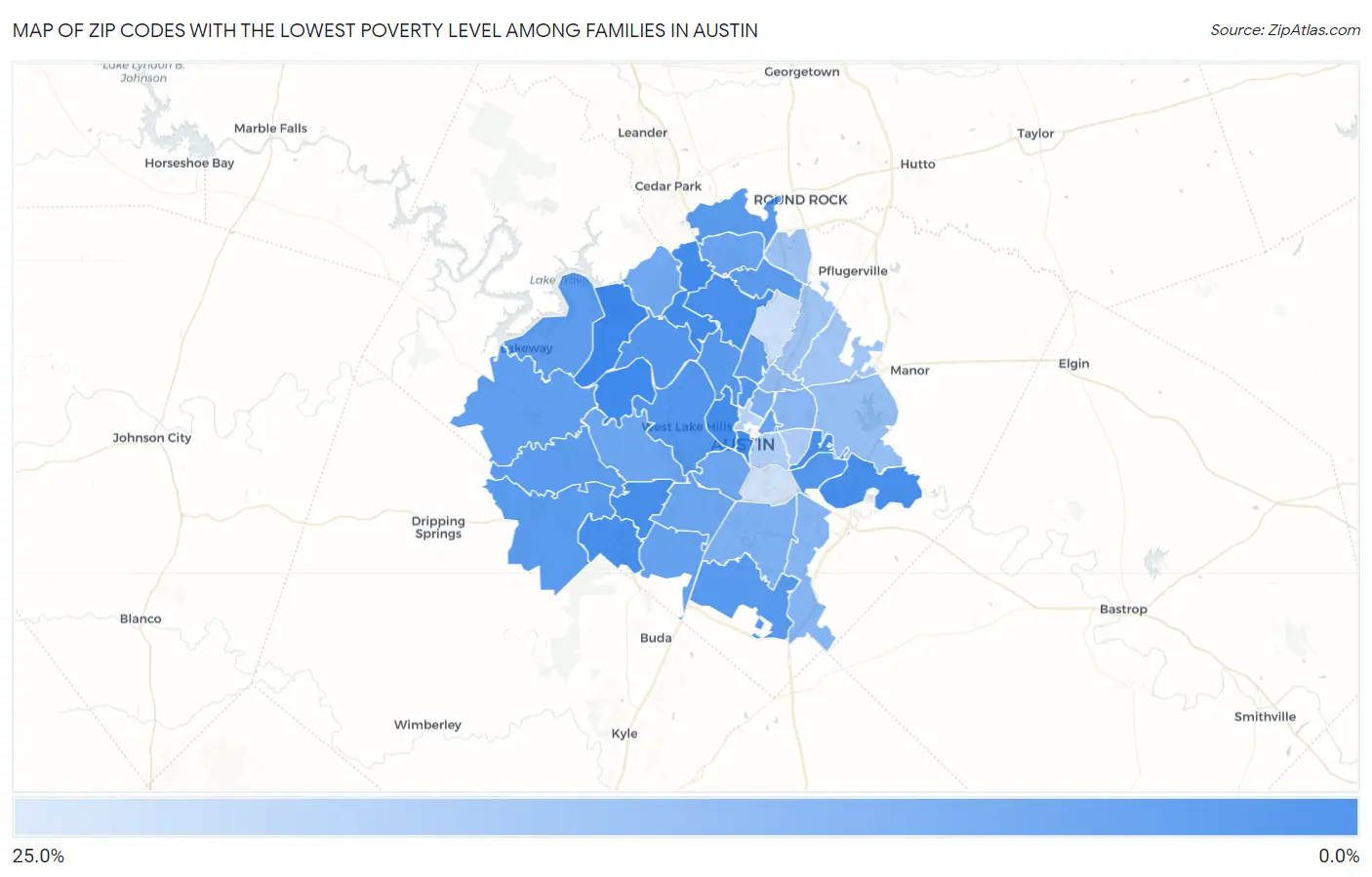 Zip Codes with the Lowest Poverty Level Among Families in Austin Map