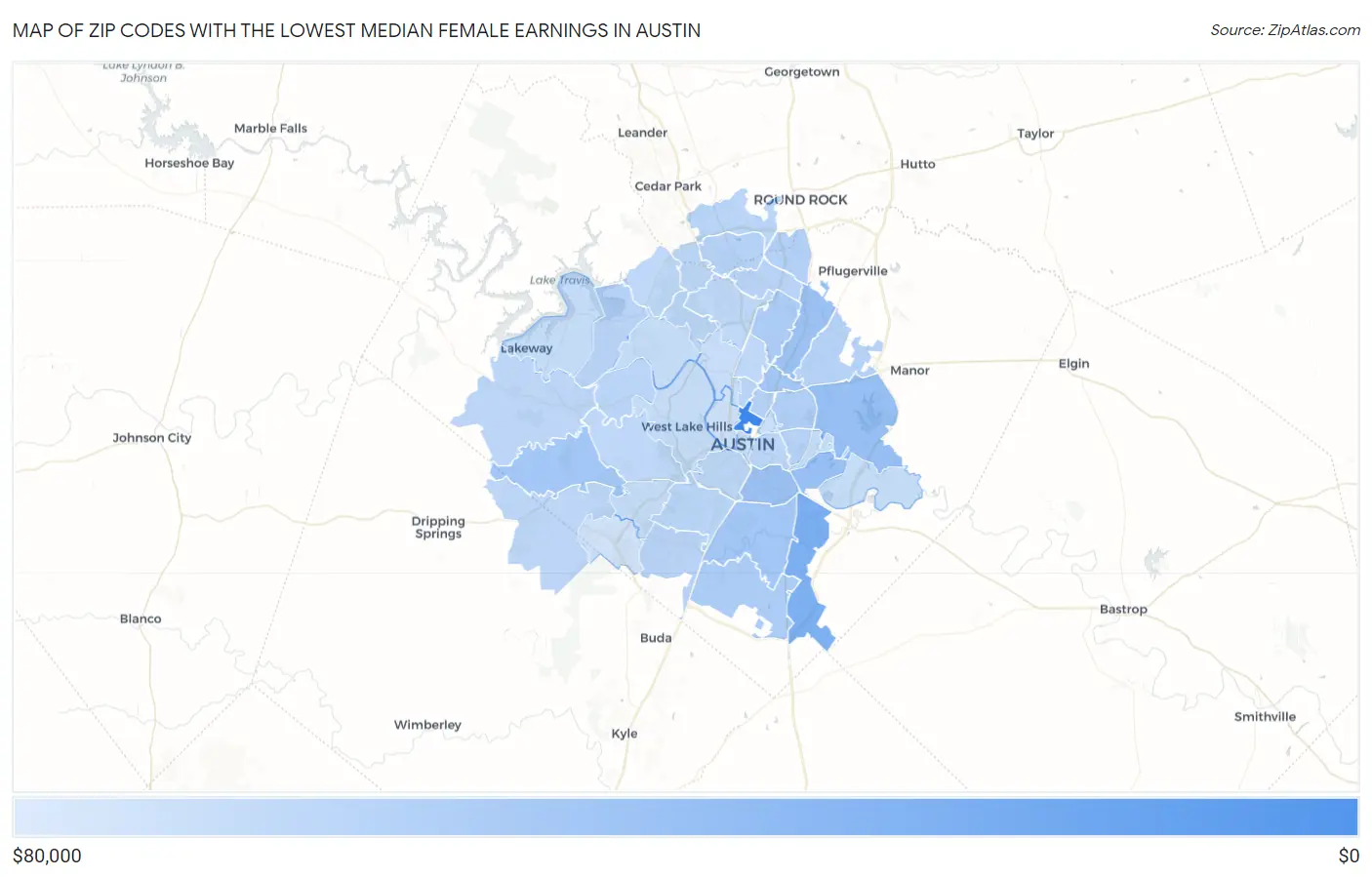 Zip Codes with the Lowest Median Female Earnings in Austin Map