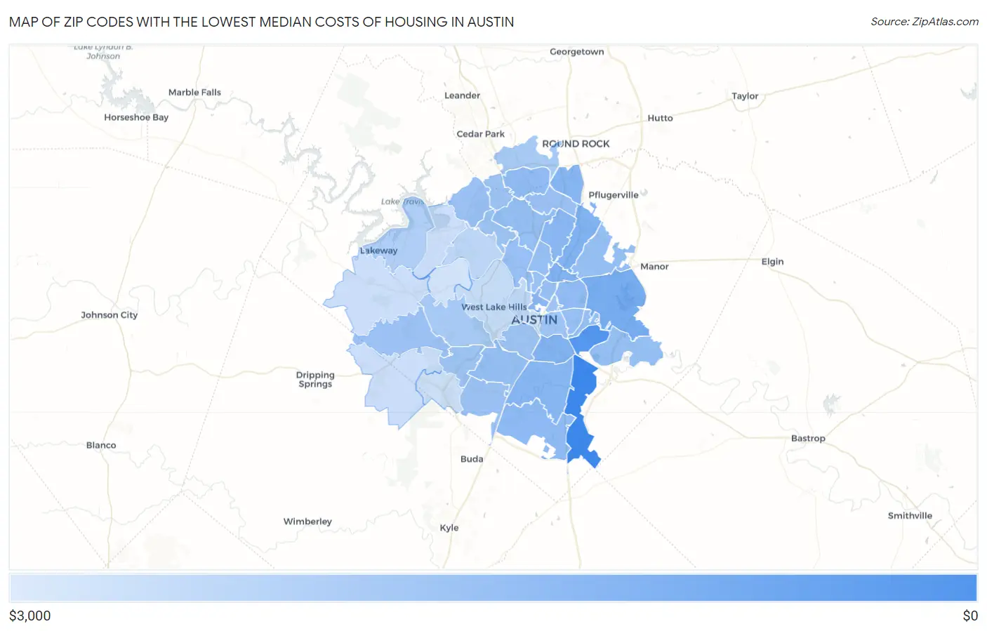 Zip Codes with the Lowest Median Costs of Housing in Austin Map