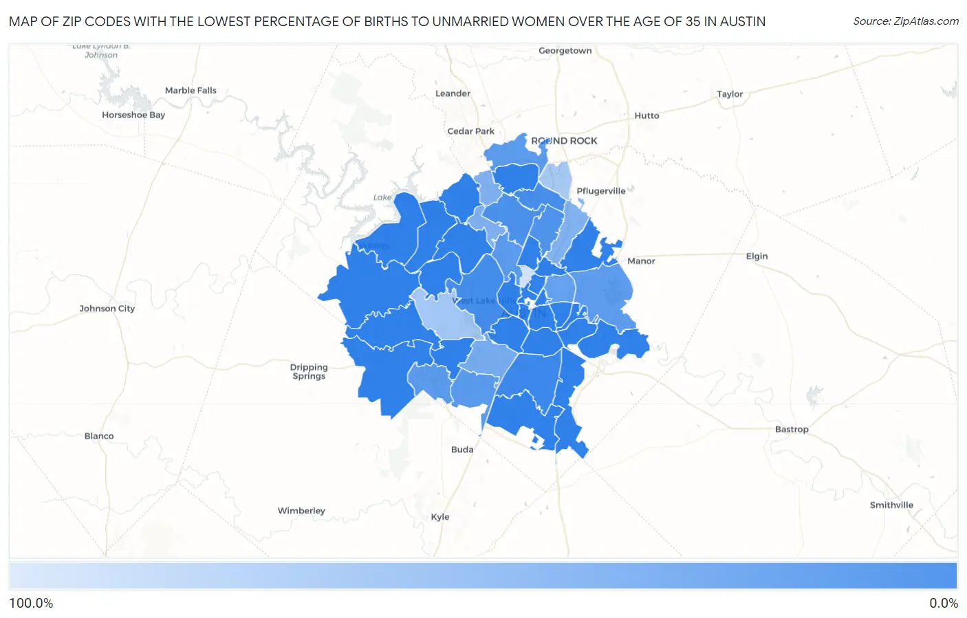 Zip Codes with the Lowest Percentage of Births to Unmarried Women over the Age of 35 in Austin Map