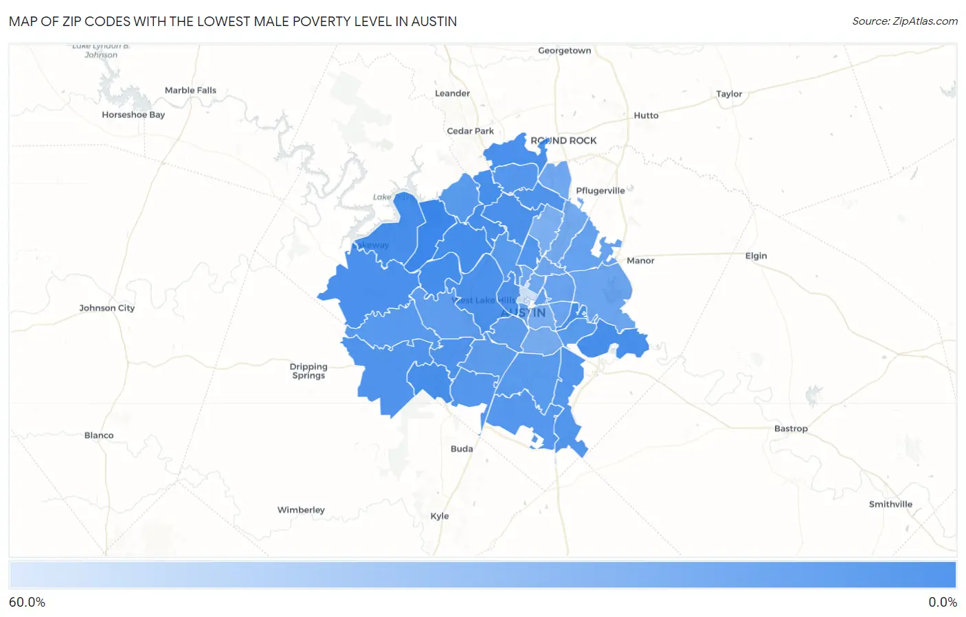 Zip Codes with the Lowest Male Poverty Level in Austin Map