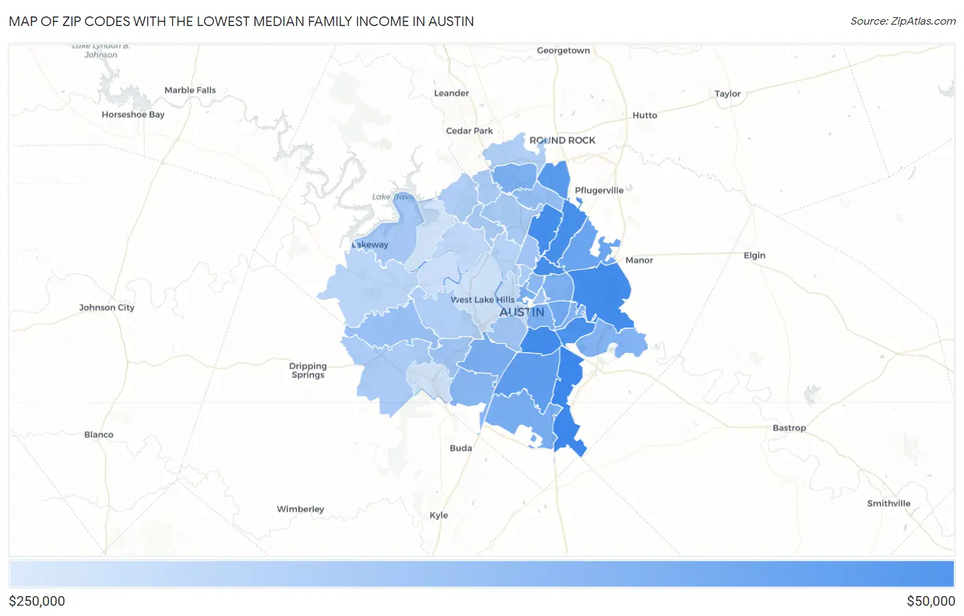 Zip Codes with the Lowest Median Family Income in Austin Map