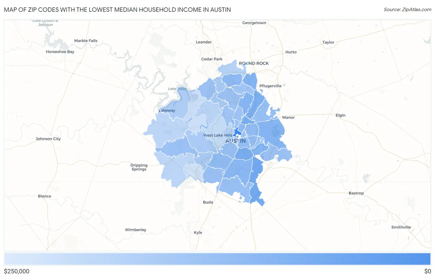 Zip Codes with the Lowest Median Household Income in Austin Map