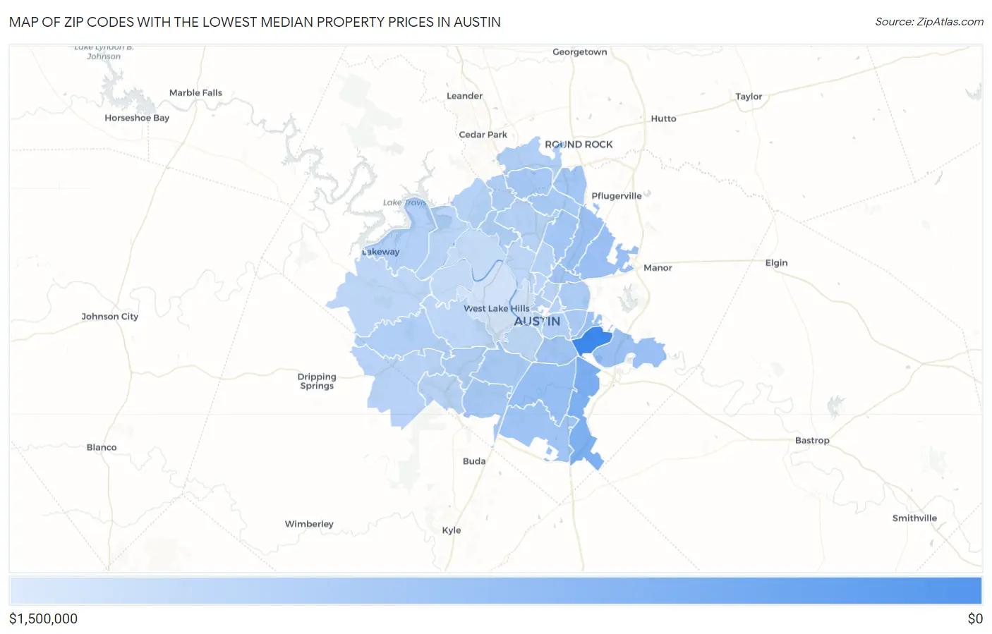 Zip Codes with the Lowest Median Property Prices in Austin Map