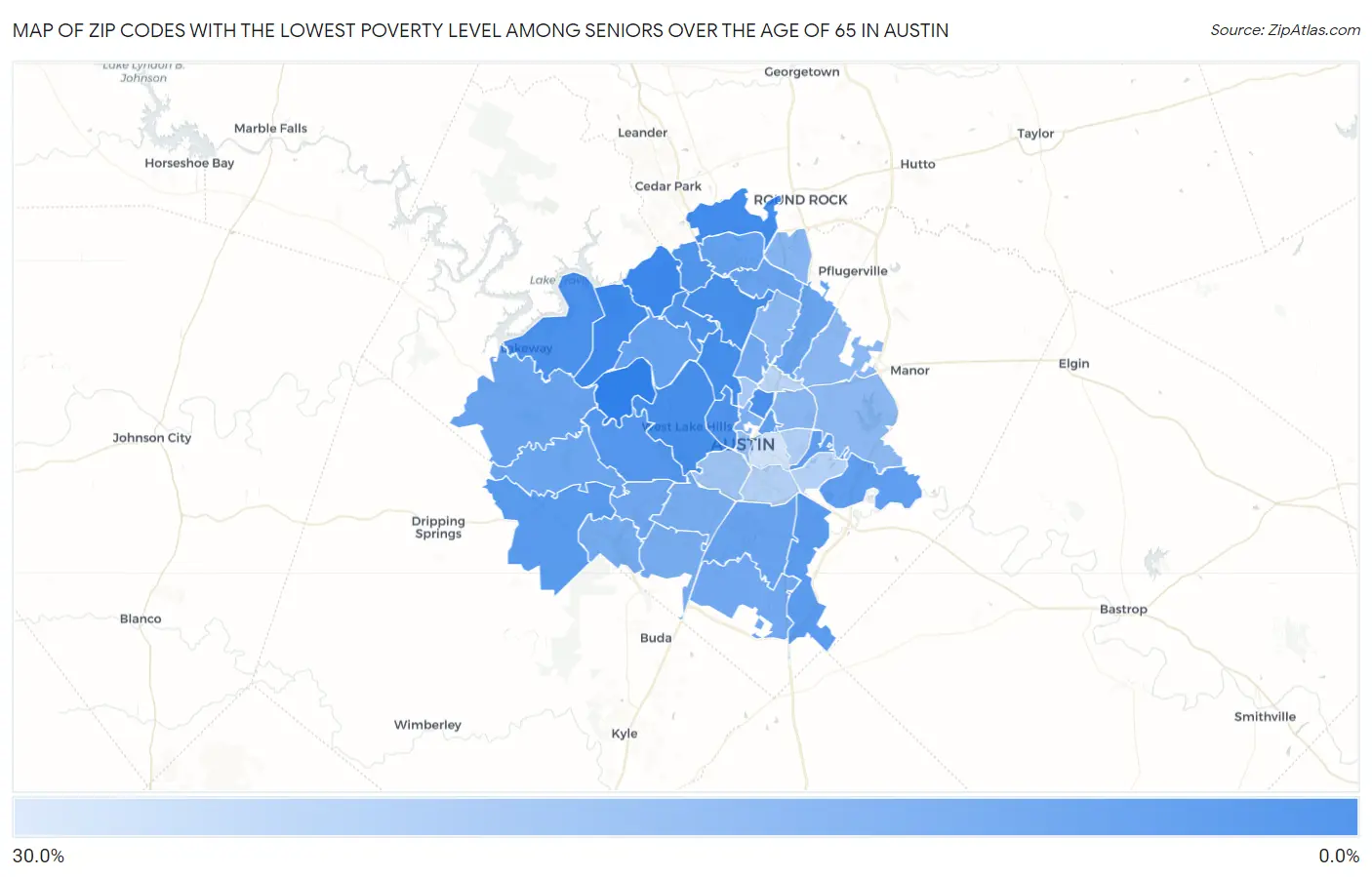 Zip Codes with the Lowest Poverty Level Among Seniors Over the Age of 65 in Austin Map