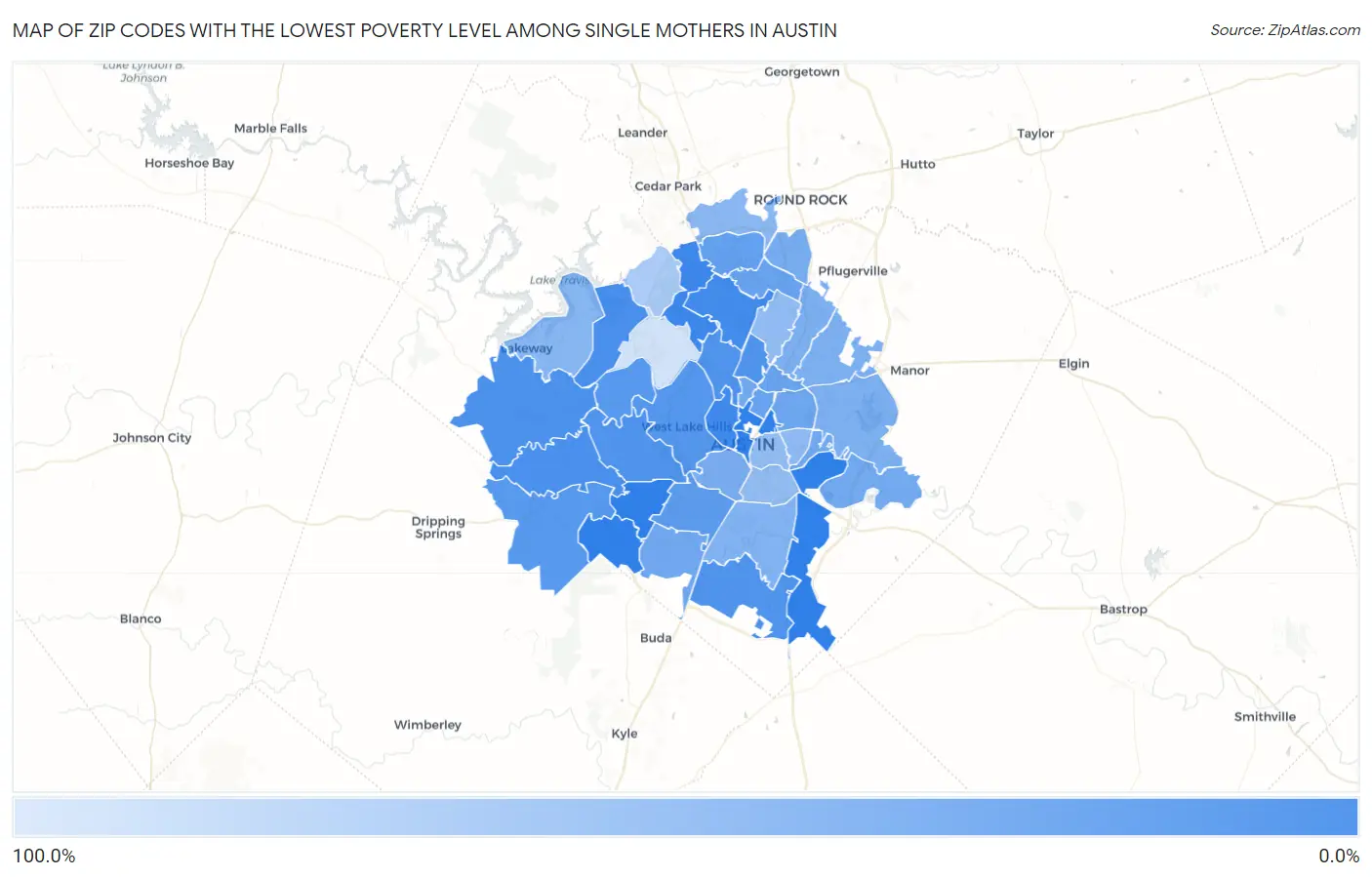 Zip Codes with the Lowest Poverty Level Among Single Mothers in Austin Map