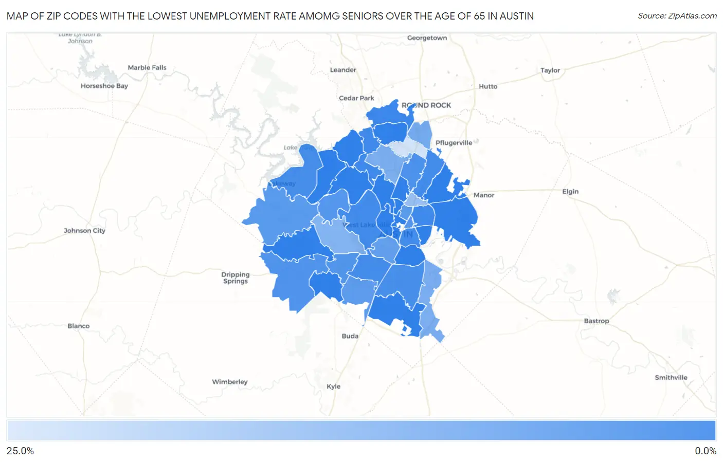 Zip Codes with the Lowest Unemployment Rate Amomg Seniors Over the Age of 65 in Austin Map