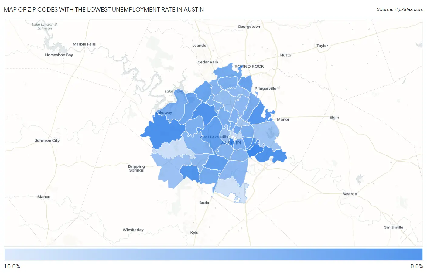 Zip Codes with the Lowest Unemployment Rate in Austin Map