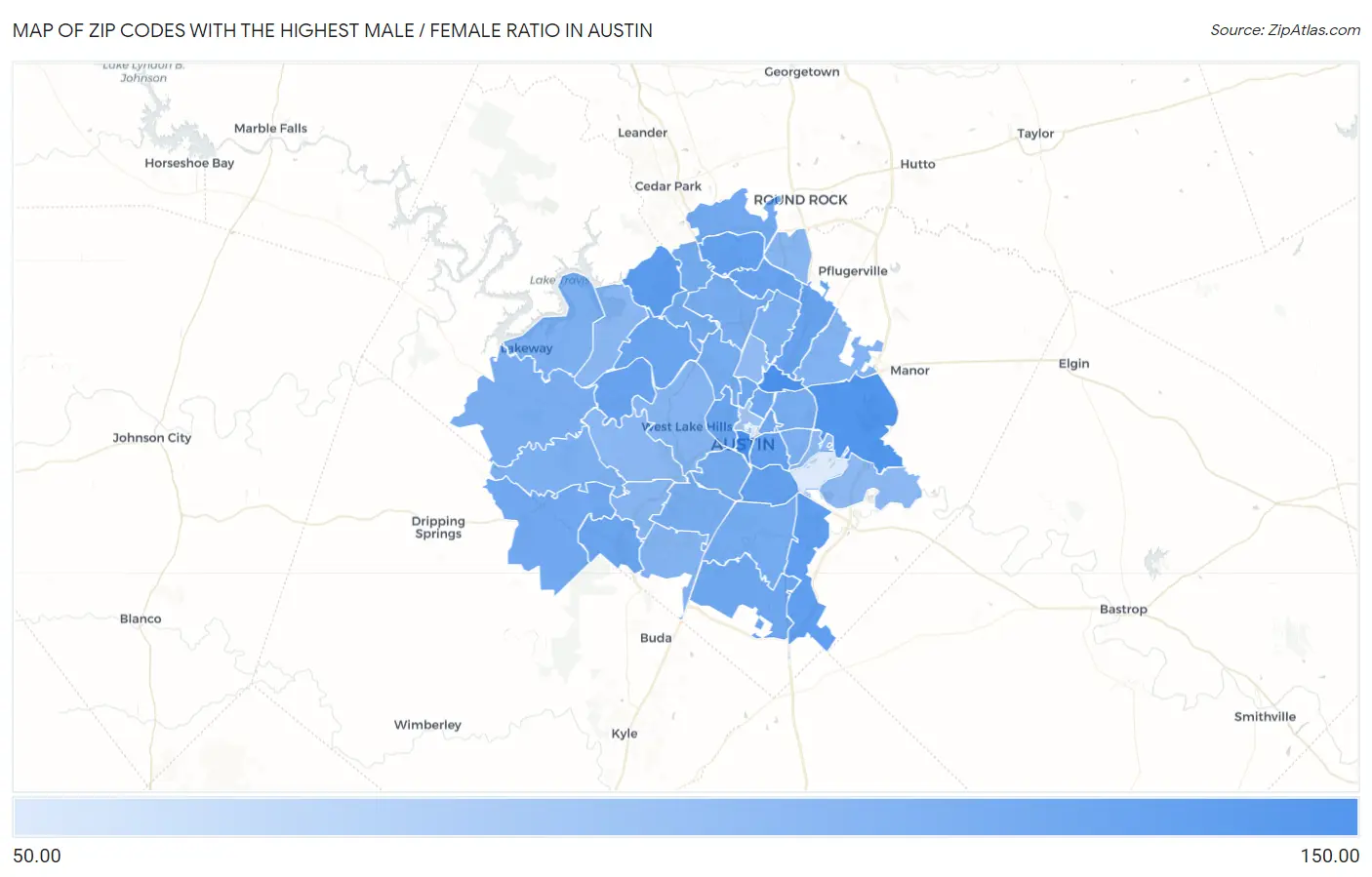 Zip Codes with the Highest Male / Female Ratio in Austin Map
