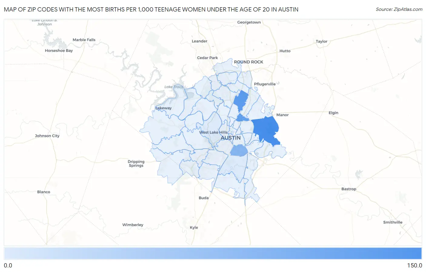 Zip Codes with the Most Births per 1,000 Teenage Women Under the Age of 20 in Austin Map