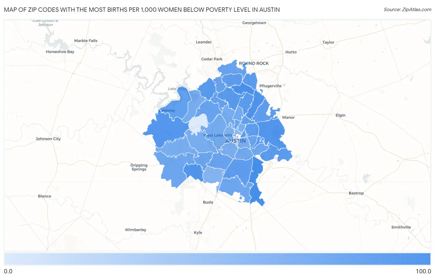 Zip Codes with the Most Births per 1,000 Women Below Poverty Level in Austin Map