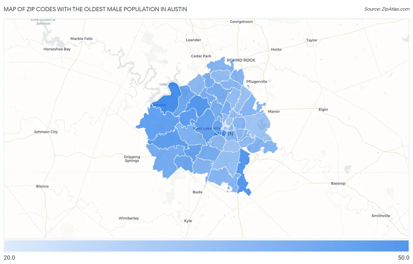 Zip Codes with the Oldest Male Population in Austin Map