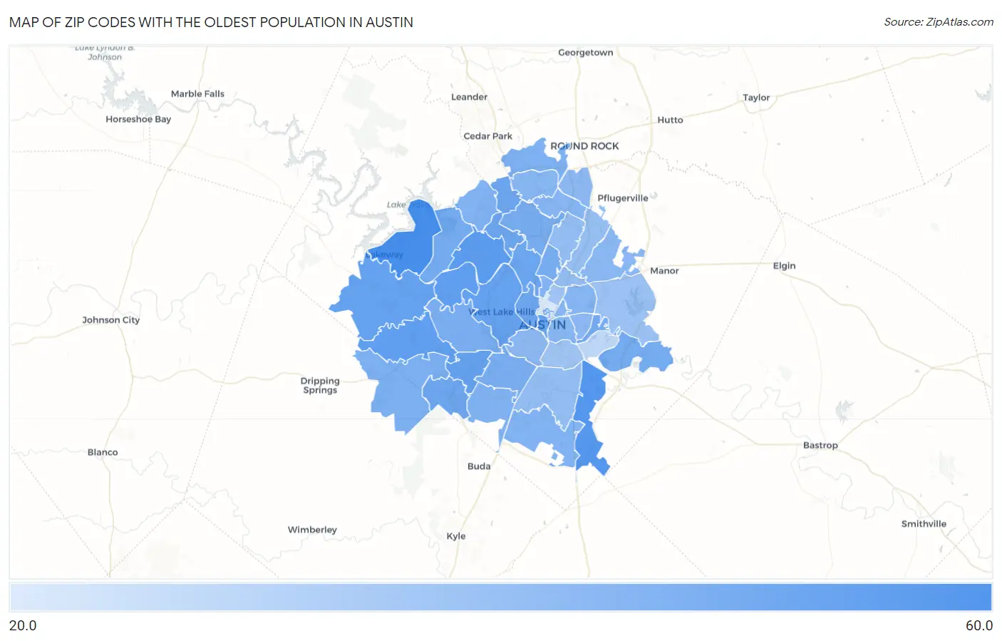 Zip Codes with the Oldest Population in Austin Map