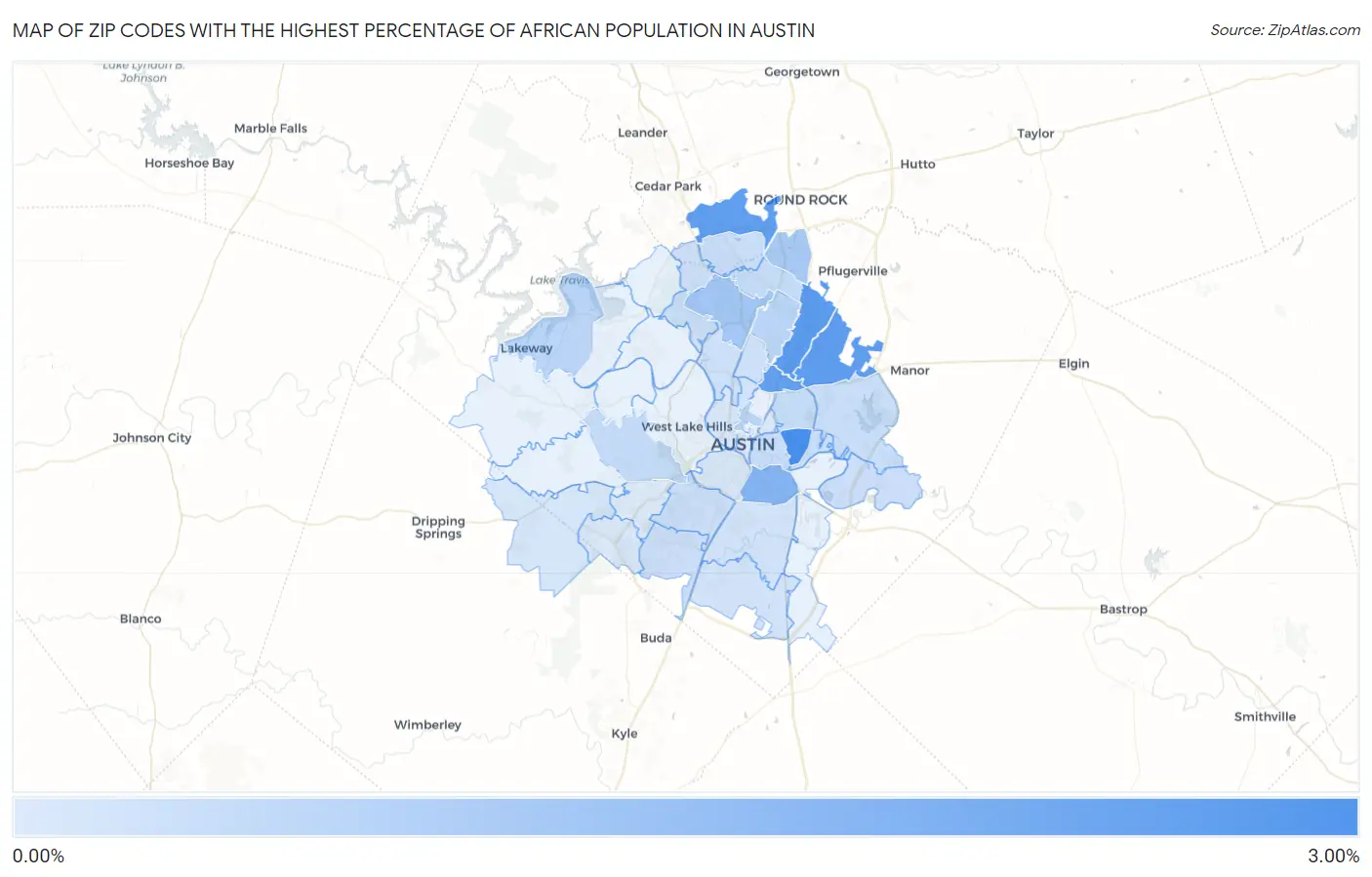 Zip Codes with the Highest Percentage of African Population in Austin Map