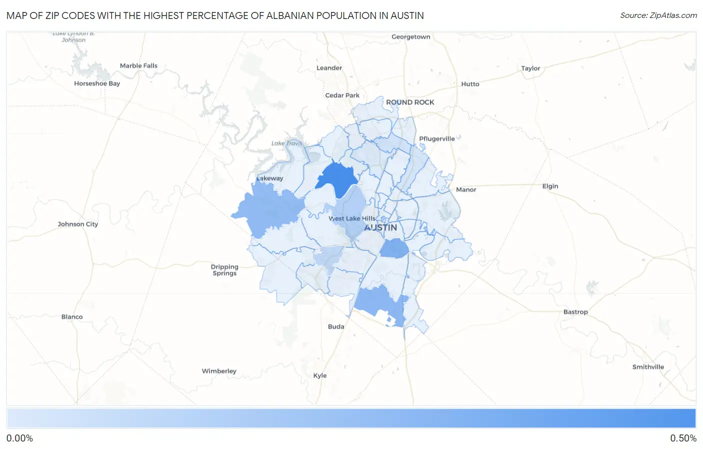 Zip Codes with the Highest Percentage of Albanian Population in Austin Map
