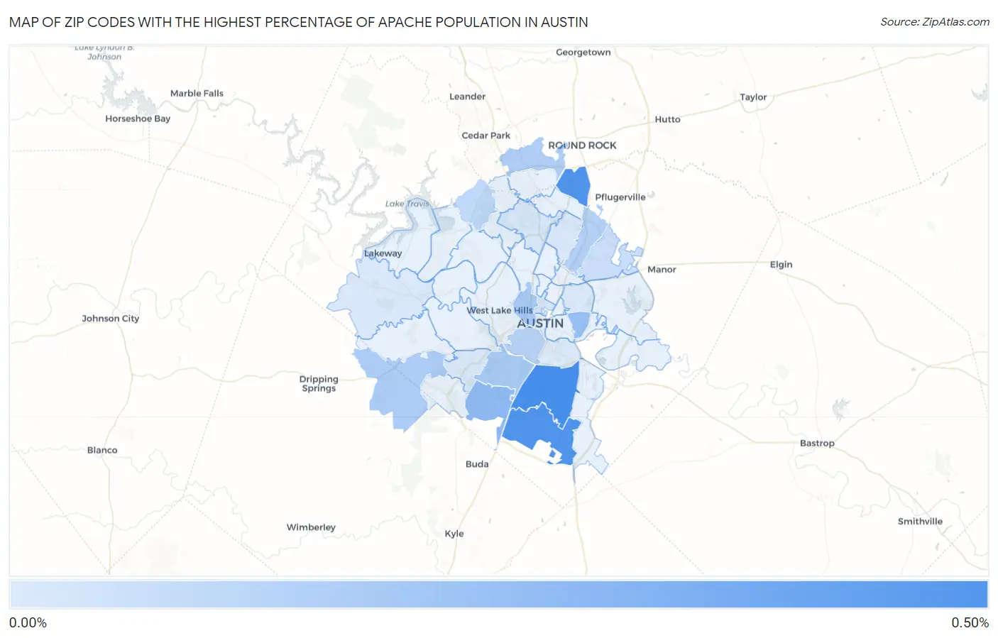 Zip Codes with the Highest Percentage of Apache Population in Austin Map