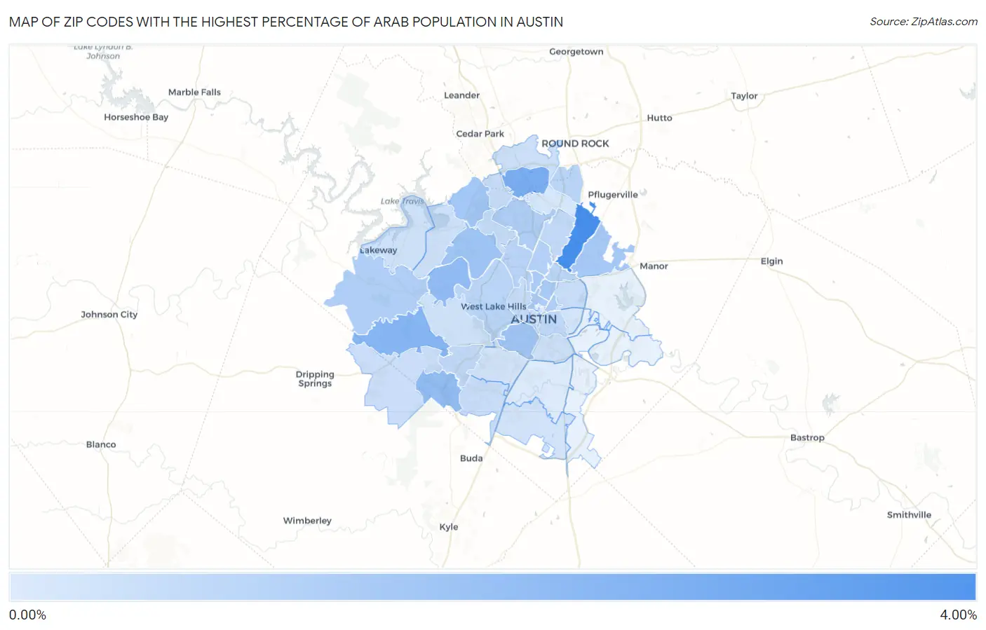 Zip Codes with the Highest Percentage of Arab Population in Austin Map
