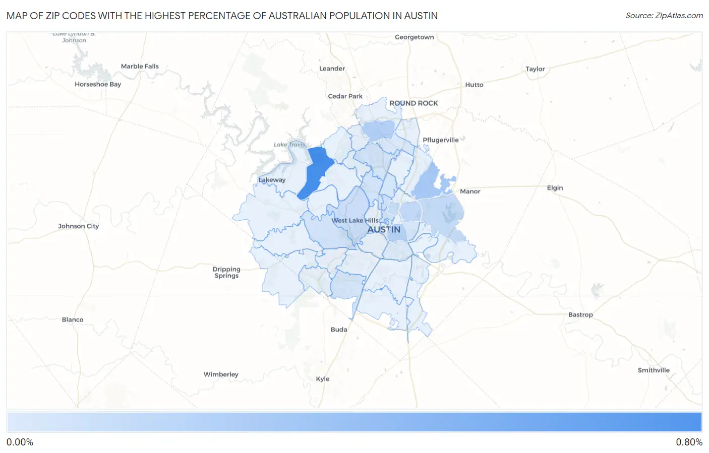 Zip Codes with the Highest Percentage of Australian Population in Austin Map
