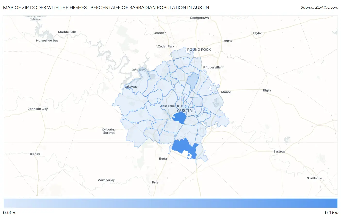 Zip Codes with the Highest Percentage of Barbadian Population in Austin Map