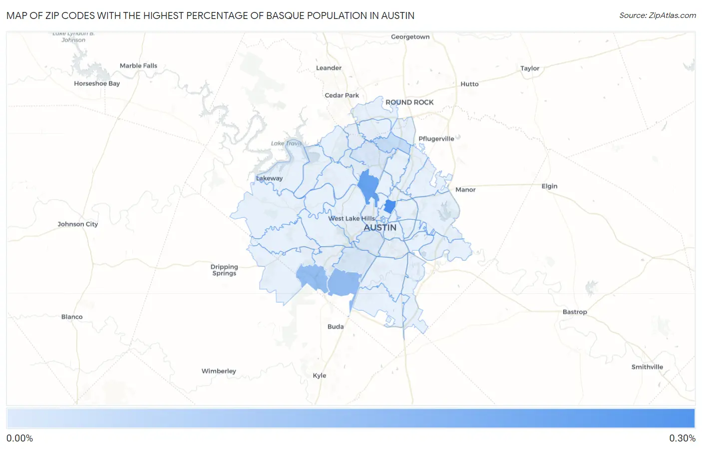 Zip Codes with the Highest Percentage of Basque Population in Austin Map