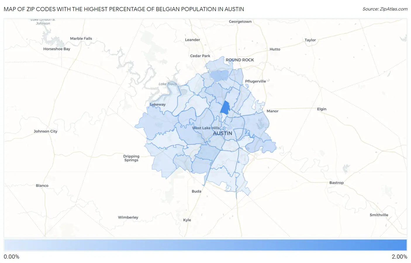 Zip Codes with the Highest Percentage of Belgian Population in Austin Map
